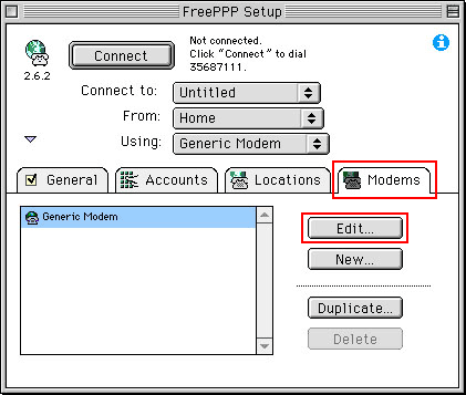 「Modems」タグをクリックして、「Edit...」をクリックします